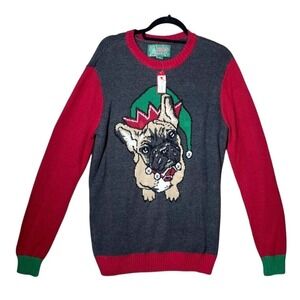Ugly Christmas Sweater Men Sz Large French Bull Dog Pullover Knit Unisex Elf Hat